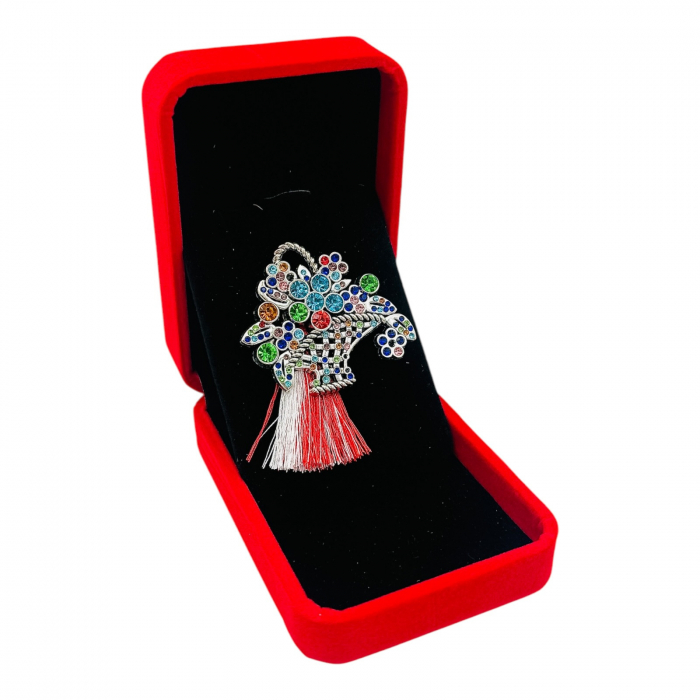 Brosa Cos cu Flori de Lux cu Strasuri Multicolore si Ciucure pentru Martisor, in Cutie Catifelata Premium -   [4]