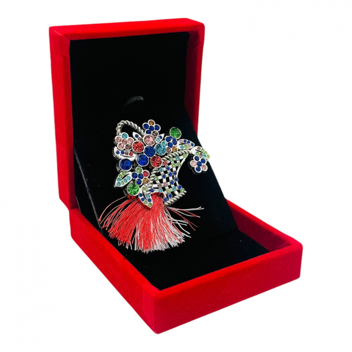 Brosa Cos cu Flori si Strasuri Multicolore, Ciucure Traditional pentru Martisor, in Cutie Catifelata Premium -   [4]
