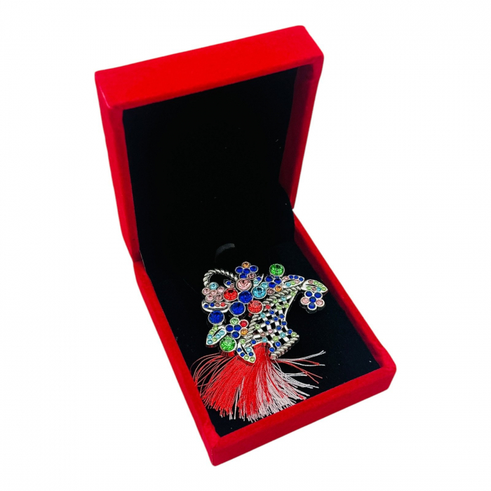 Brosa Cos cu Flori si Strasuri Multicolore, Ciucure Traditional pentru Martisor, in Cutie Catifelata Premium -   [2]