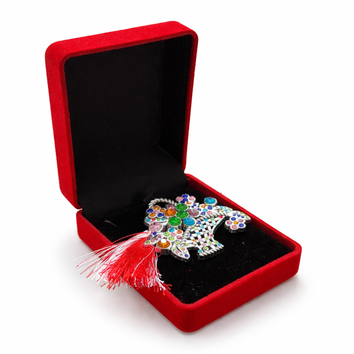 Martisor brosa Cosulet cu pietre multicolore si snuralb-rosu in cutie cadou rosie [1]
