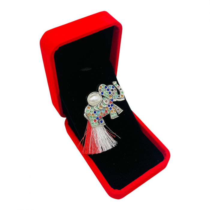 Brosa Elefant de Lux cu Strasuri Multicolore si Ciucure pentru Martisor, in Cutie Catifelata Premium -   [4]