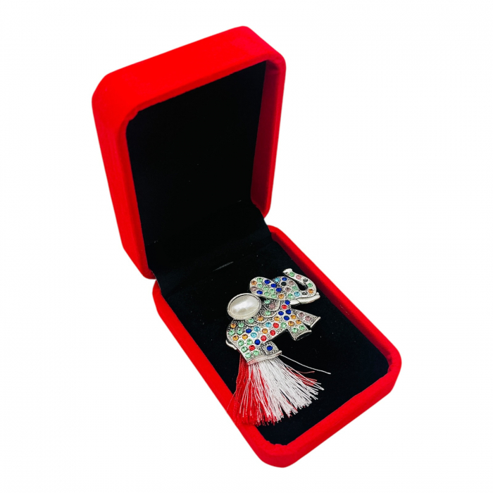 Brosa Elefant de Lux cu Strasuri Multicolore si Ciucure pentru Martisor, in Cutie Catifelata Premium -   [3]