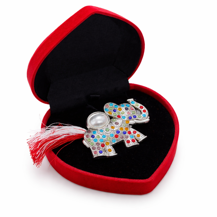 Brosa elefant martisor cu strasuri multicolore si perla in cutie de catifea [1]