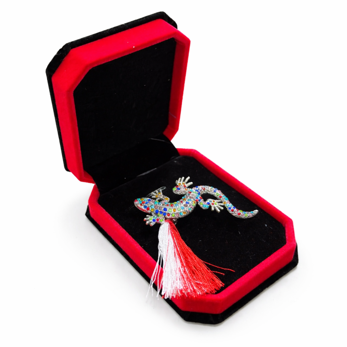 Brosa salamandra martisor cu strasuri multicolore in cutie de catifea de catifea [1]