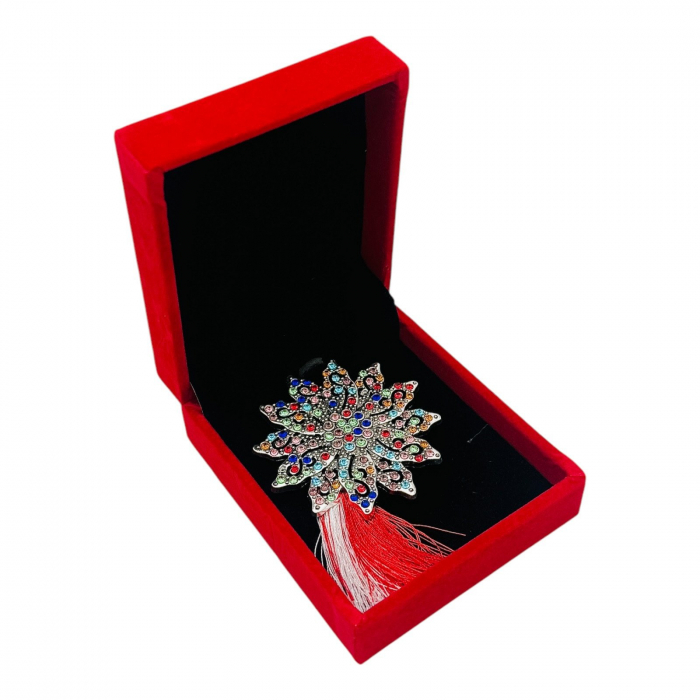 Brosa Floare cu Strasuri Multicolore si Ciucure Traditional pentru Martisor, in Cutie Catifelata Premium -   [2]
