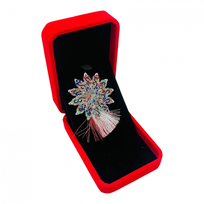 Brosa Floare de Lux cu Strasuri Multicolore si Ciucure Elegant, in Cutie Catifelata Premium -   [4]