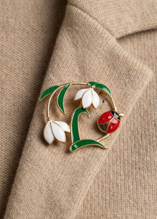 Brosa florala 5x5 cm cu buburuza si finisaj auriu, cadou primavara cu simbol natură [3]