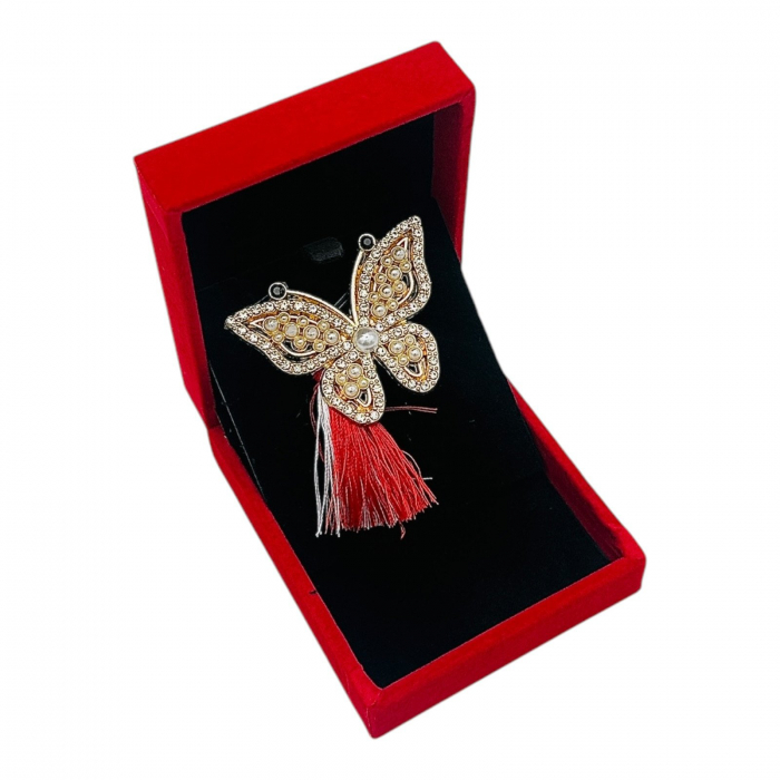 Brosa Fluture de Lux cu Perle si Ciucure pentru Martisor, in Cutie din Catifea Premium  [3]