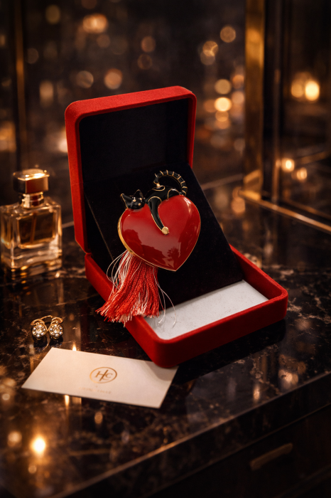 Brosa Inima Martisor cu Pisica Neagra in Cutie de Catifea [3]