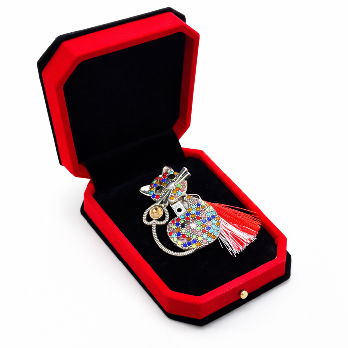 Brosa pisica martisor cu strasuri multicolore in cutie de catifea [1]