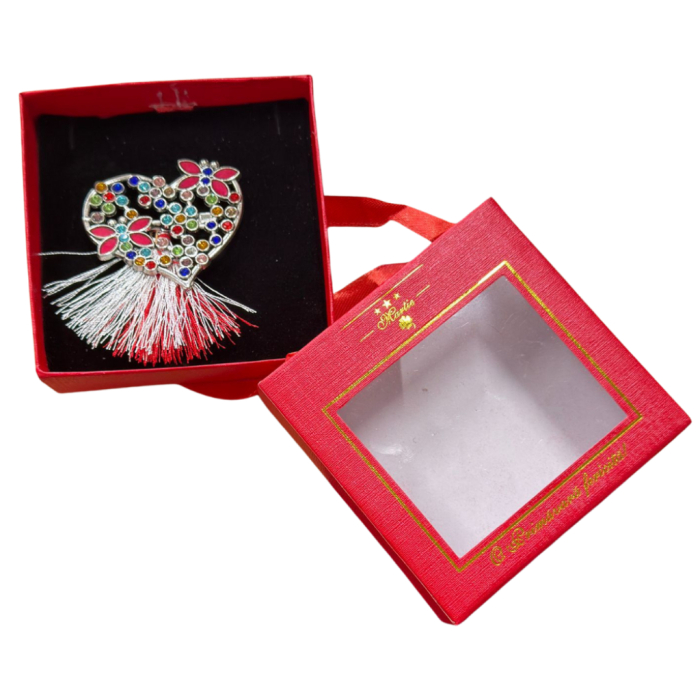 Brosa Inima Martisor cu Strasuri Multicolore si Flori Roz in Cutie Cadou [1]