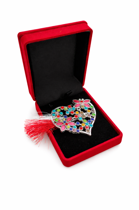 Brosa Inima Martisor cu Strasuri Multicolore si Fluturi Roz in Cutie de Catifea [1]