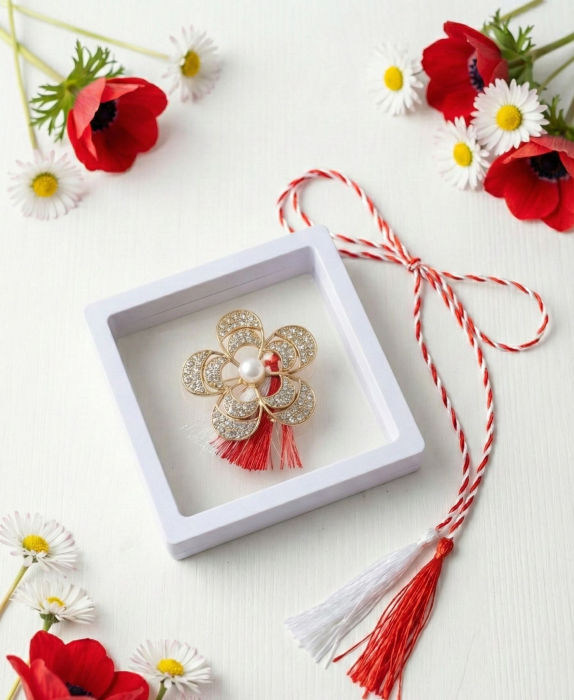 Brosa Martisor 5 cm, Floare aurie cu cristale, in cutie 9x9 cm cu fereastra, cadou 1 Martie [4]