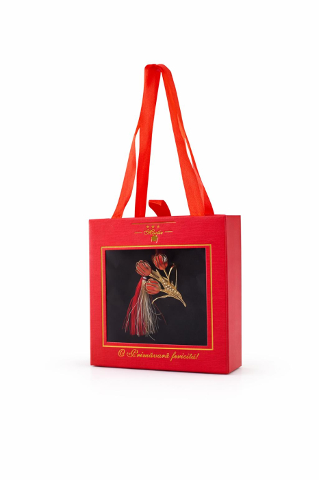 Brosa Martisor 5cm, buchet lalele, in cutie gentuta 7x7 cm cu fereastra, cadou 1 Martie [3]