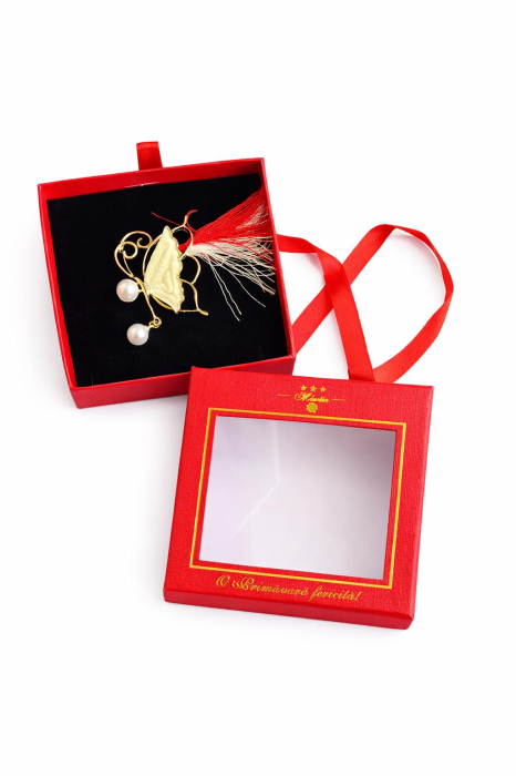 Brosa Martisor 5cm, Fluture cu perle, in cutie gentuta 7x7 cm cu fereastra, cadou 1 Martie [2]