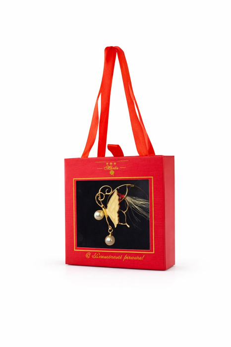 Brosa Martisor 5cm, Fluture cu perle, in cutie gentuta 7x7 cm cu fereastra, cadou 1 Martie [3]