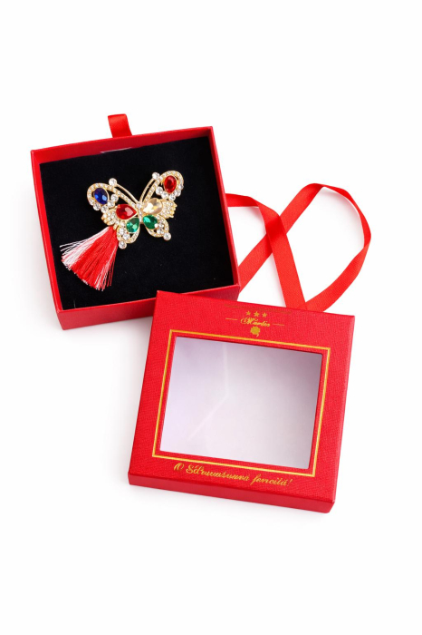 Brosa Martisor 5cm, Fluture multicolor, in cutie gentuta 7x7 cm cu fereastra, cadou 1 Martie [2]