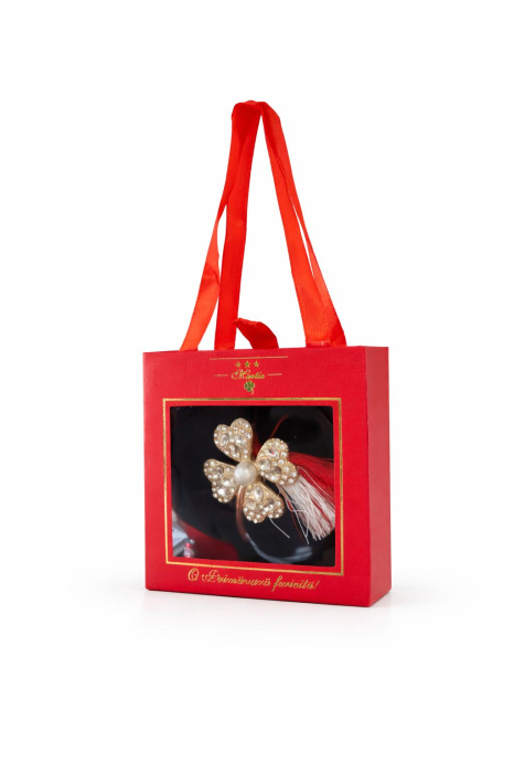 Brosa Martisor 5cm, Trifoi norocos, in cutie gentuta 7x7 cm cu fereastra, cadou 1 Martie [2]