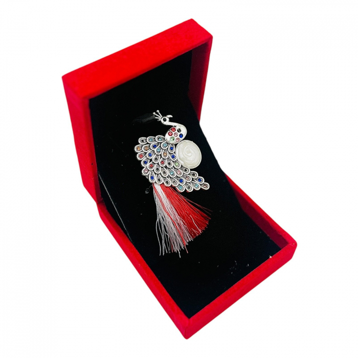 Brosa Paun Elegant cu Strasuri Multicolore si Ciucure Traditional pentru Martisor, in Cutie Catifelata Premium -   [4]