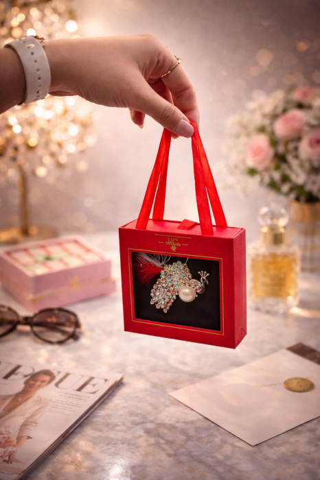 Brosa Paun Martisor cu Strasuri Multicolore si Perla Sidefata in Cutie de Cadou [3]