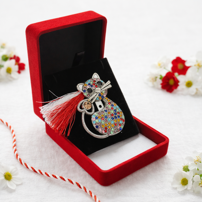 Brosa pisica martisor cu strasuri multicolore in cutie de catifea [2]