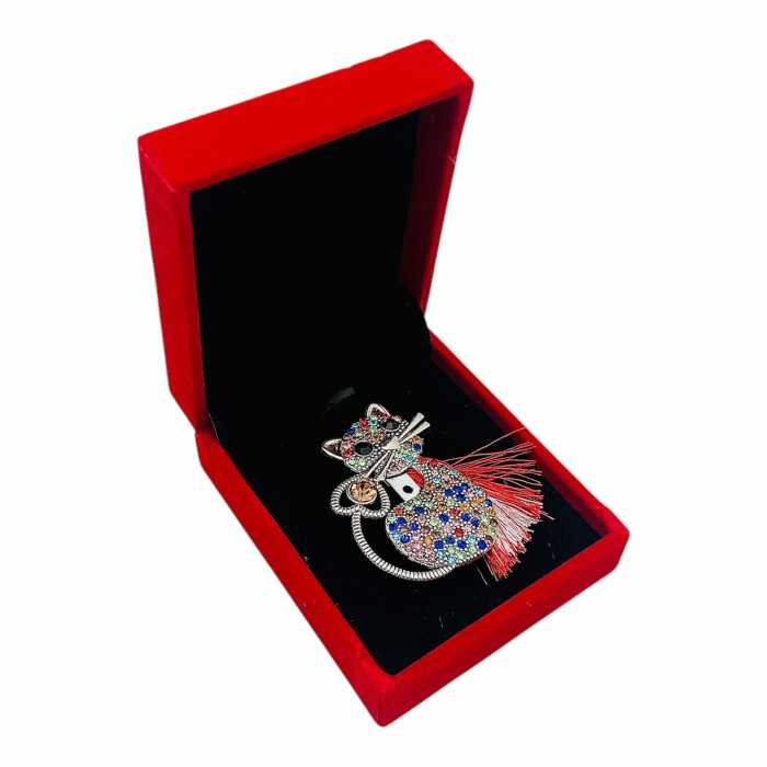 Brosa Pisica de Lux cu Strasuri Multicolore si Ciucure, in Cutie Catifelata Premium -   [3]