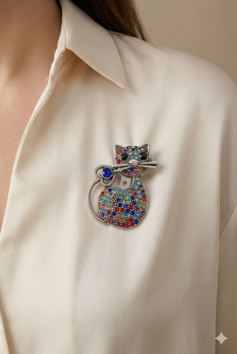 Brosa Pisica Multicolora 5x3 cm Cristale Strasuri Argintie Eleganta [2]