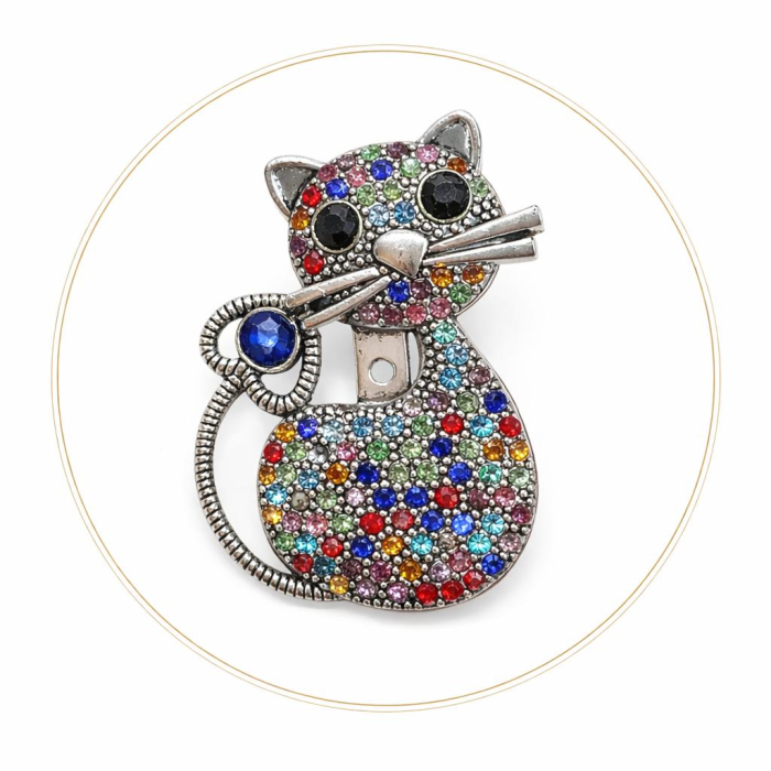 Brosa Pisica Multicolora 5x3 cm Cristale Strasuri Argintie Eleganta [4]