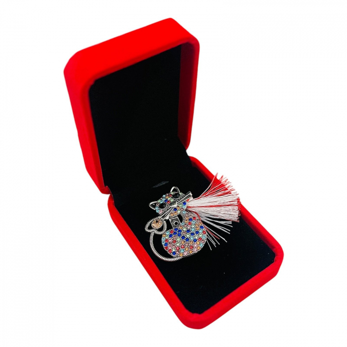 Brosa Pisicuta argintie de Lux cu pietre multicolore si Ciucure pentru Martisor, in Cutie din Catifea Premium  [2]