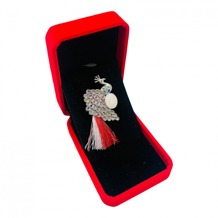 Brosa Premium Paun cu Strasuri, Perla si Ciucure in Cutie de Prezentare Luxoasa,   [4]