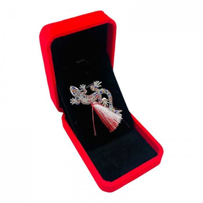 Brosa Soparla argintie de Lux cu pietre multicolore si Ciucure pentru Martisor, in Cutie din Catifea Premium  [3]
