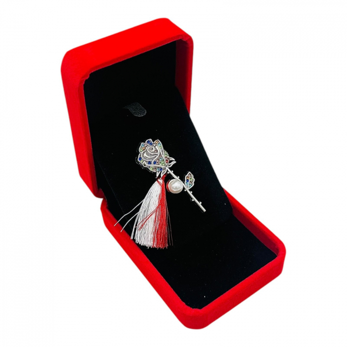 Brosa Trandafir argintiu de Lux cu pietre multicolore, perla si Ciucure pentru Martisor, in Cutie din Catifea Premium  [2]
