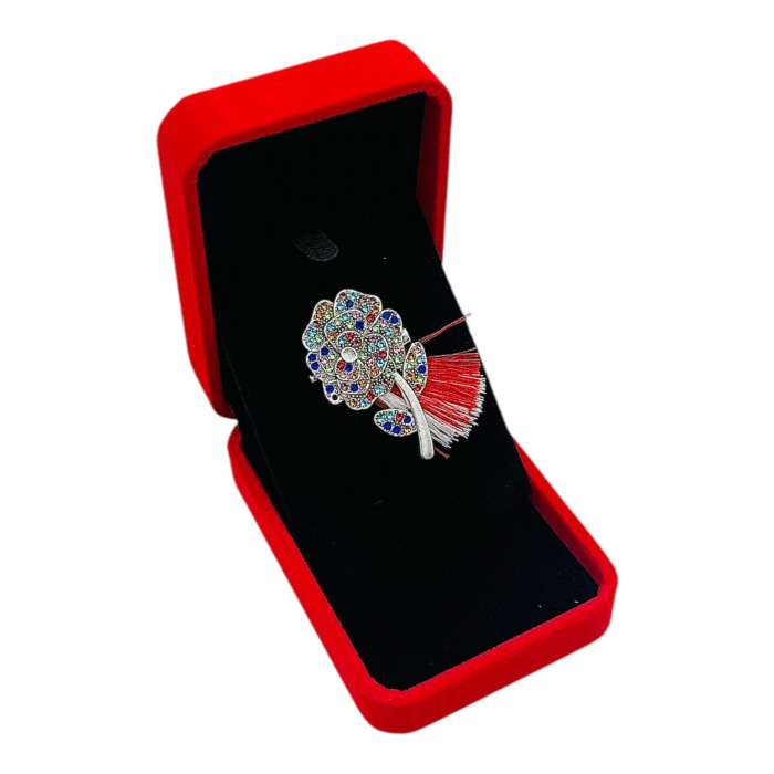 Brosa Trandafir argintiu de Lux cu pietre multicolore si Ciucure pentru Martisor, in Cutie din Catifea Premium  [3]