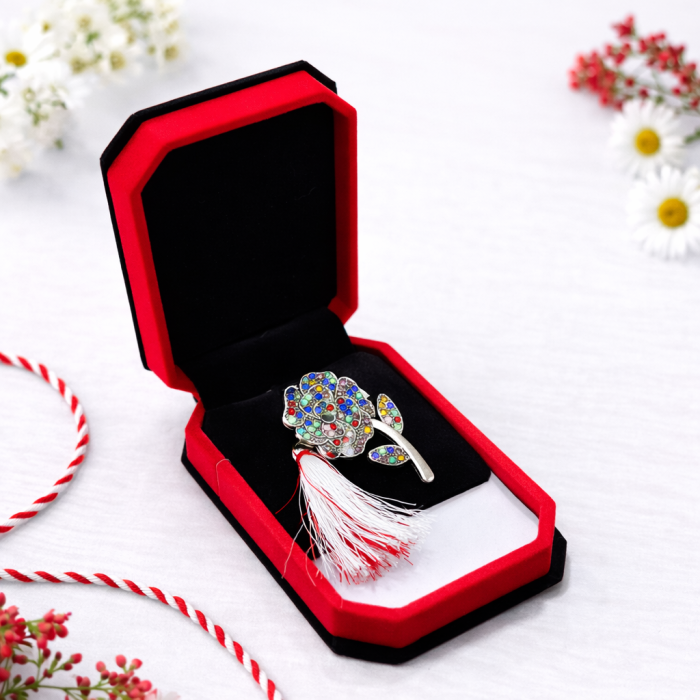 Brosa trandafir martisor cu strasuri multicolore in cutie de catifea cadou [2]