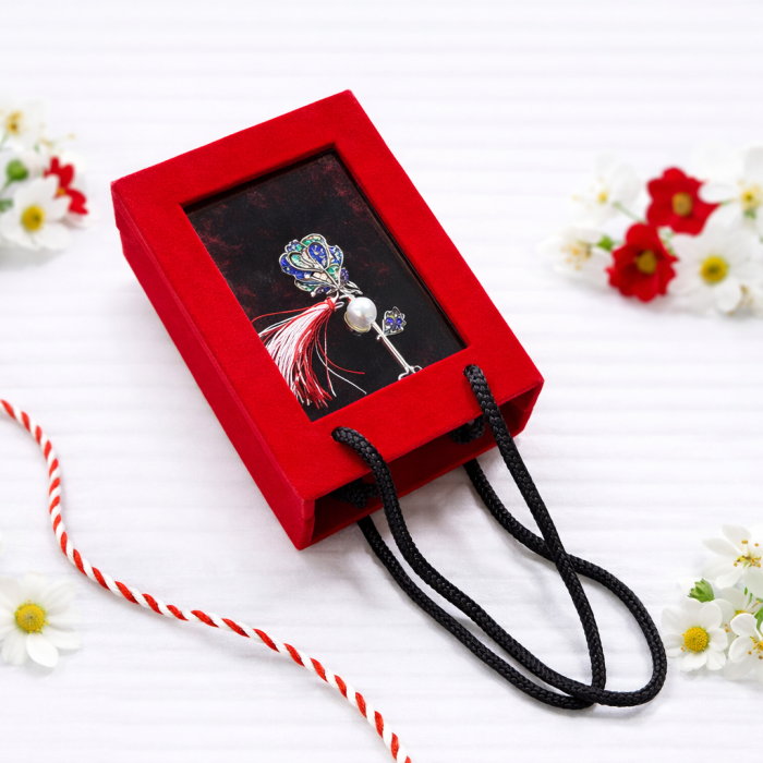 Brosa Trandafir Martisor cu Strasuri Multicolore si Perla Decorativa in Cutie Eleganta [2]