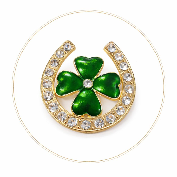 Brosa trifoi cu potcoava 4x4 cm, finisaj auriu cu pietre, simbol noroc cadou primavara [4]