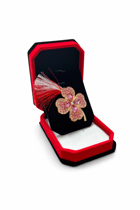 Brosa Trifoi Martisor cu Cristale Roz si Snur Traditional in Cutie de Catifea [2]