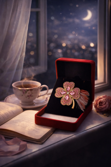 Brosa Trifoi Roz Martisor cu Strasuri Stralucitoare in Cutie de Catifea [3]