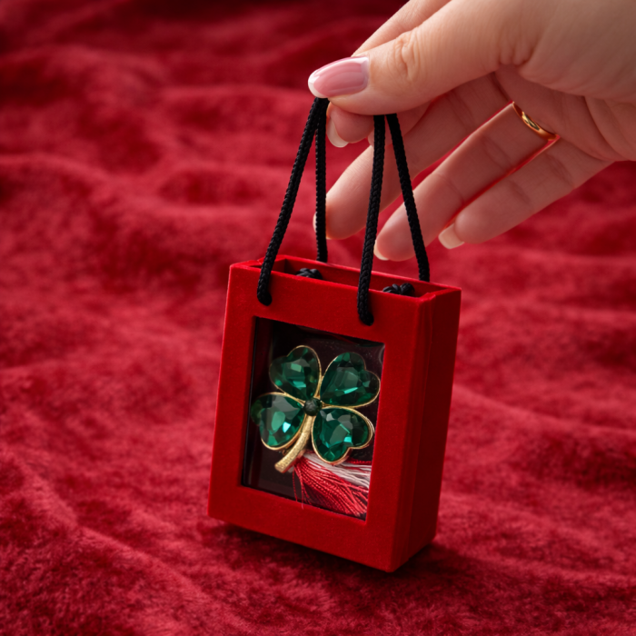 Brosa Trifoi Verde Martisor cu Cristale si Detalii Aurii in Cutie Eleganta [3]