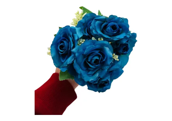 Buchet artificial deosebit cu 7 trandafiri si crengute de eucalipt cu boboci, un singur fir, 30cm, albastru regal,   [1]