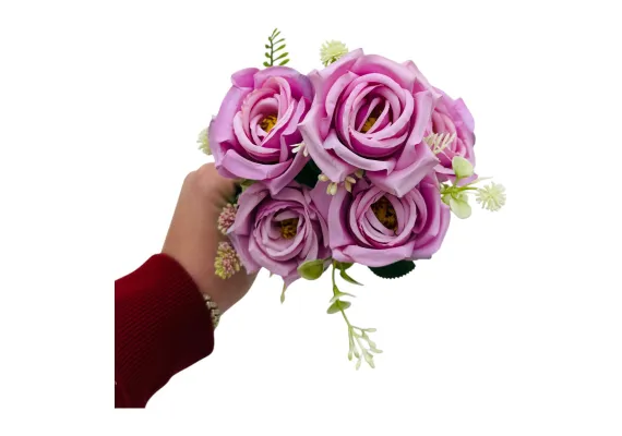 Buchet artificial elegant cu 5 trandafiri si boboci flori diverse, un singur fir, 30cm, lila,   [1]