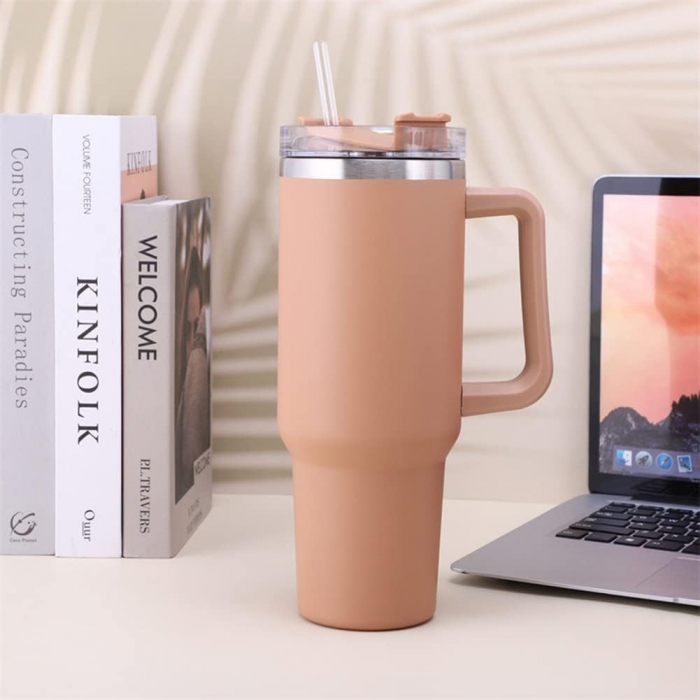 Cana Termos din Plastic, , pentru Bauturi Calde si Reci, cu Maner, 9.9x9.9x27 cm, Roz Pal [3]