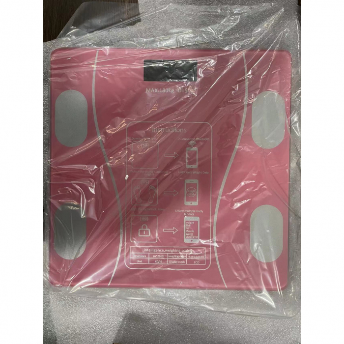 Cantar Electronic Inteligent De Baie  Cu Aplicatie Smart, Corporal, Ecran Digital Iluminat, Termometru, Suporta Maxim 180 Kg, 26 x 26 cm, Baterii, Roz [3]