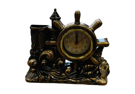 Ceas decorativ marin 15CM din plastic, cu timona si suport multifunctional, stil vintage pentru birou sau cadou original,  [1]