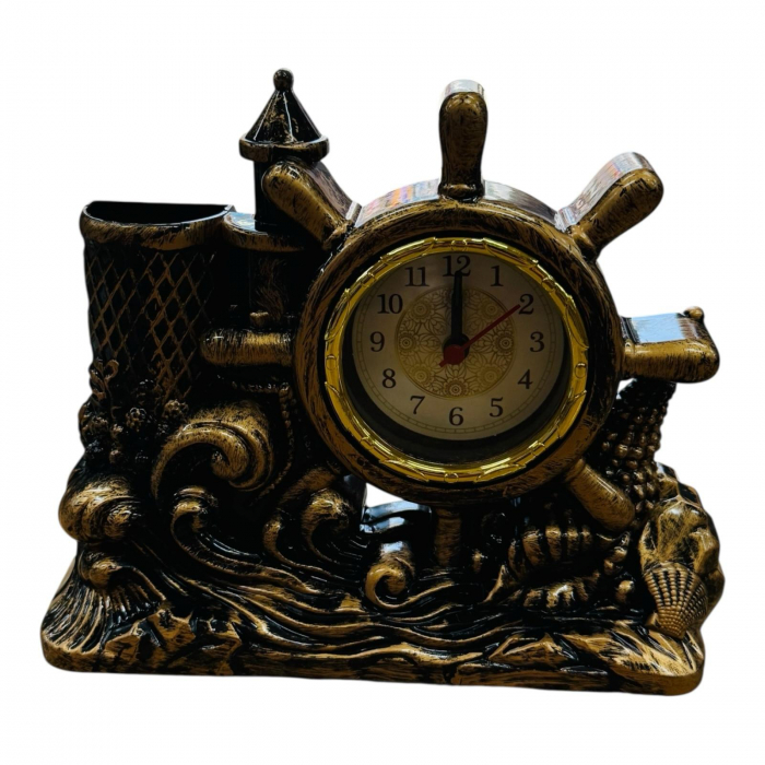 Ceas decorativ marin 15CM din plastic, cu timona si suport multifunctional, stil vintage pentru birou sau cadou original,  [2]