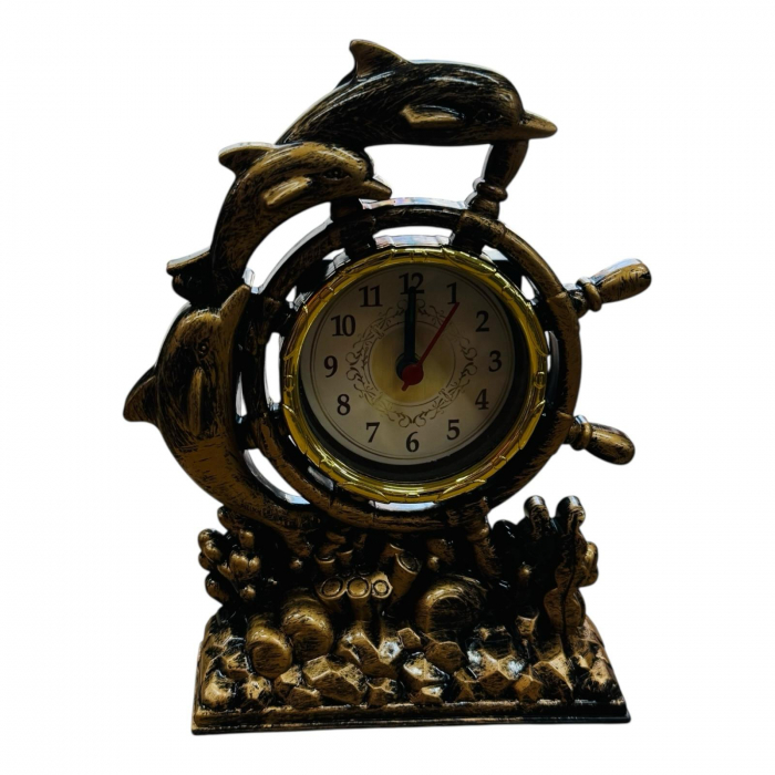 Ceas decorativ marin 16CM cu timona si delfini, din plastic cu aspect vintage, ideal pentru birou, living sau cadou special,  [2]