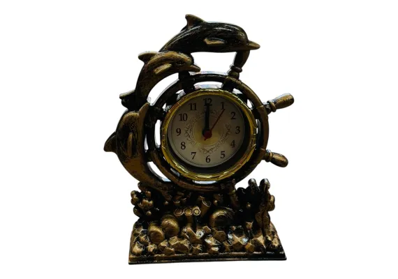 Ceas decorativ marin 16CM cu timona si delfini, din plastic cu aspect vintage, ideal pentru birou, living sau cadou special,  [1]