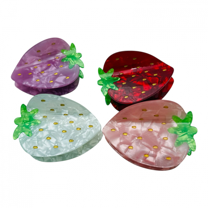 Clește de Păr 7cm, Model Căpșuna, Silicon Sidefat, Culori Diverse, Cu Etichetă pentru Expunere | Accesoriu Jucăuș și Practic |  [6]