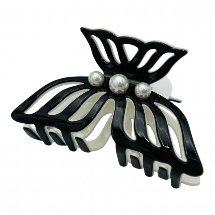 Clește de Păr Mare 9.5cm, Bicolor, Silicon Lucios, Model cu Perle, Cu Etichetă pentru Expunere | Accesoriu Elegant |  [8]
