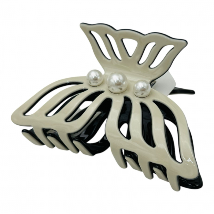 Clește de Păr Mare 9.5cm, Bicolor, Silicon Lucios, Model cu Perle, Cu Etichetă pentru Expunere | Accesoriu Elegant |  [3]